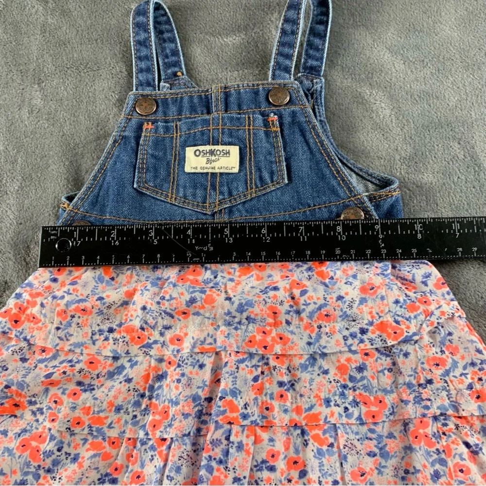 Oshkosh Vintage Romper Denim Bib Top With Floral Ruffle‎ Skirt Size 12 Months